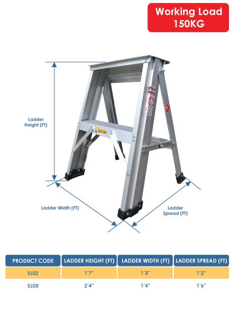 Aluminium Single Sided A Shape Step Stool Ladder 2 Steps (SL02)